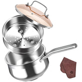 WANGYUANJI 2.5 QT Stainless Steel Saucepan with Steamer Insert – 2-in-1 Cooking Pot, Tri-Ply Heat Base, Tempered Glass Lid, Induction Ready